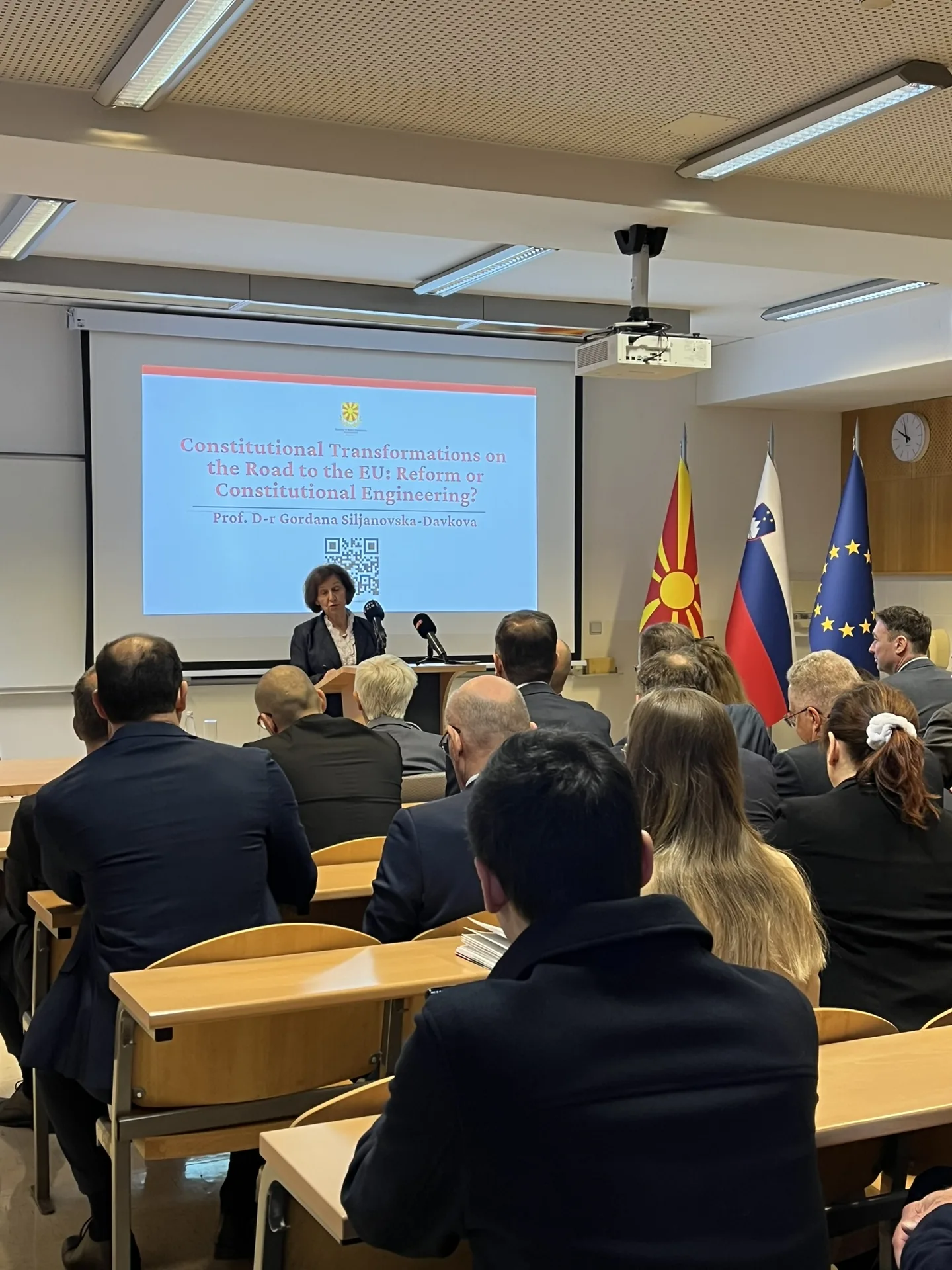 President Gordana Siljanovska-Davkova speaking during her lecture at the University of Ljubljana.